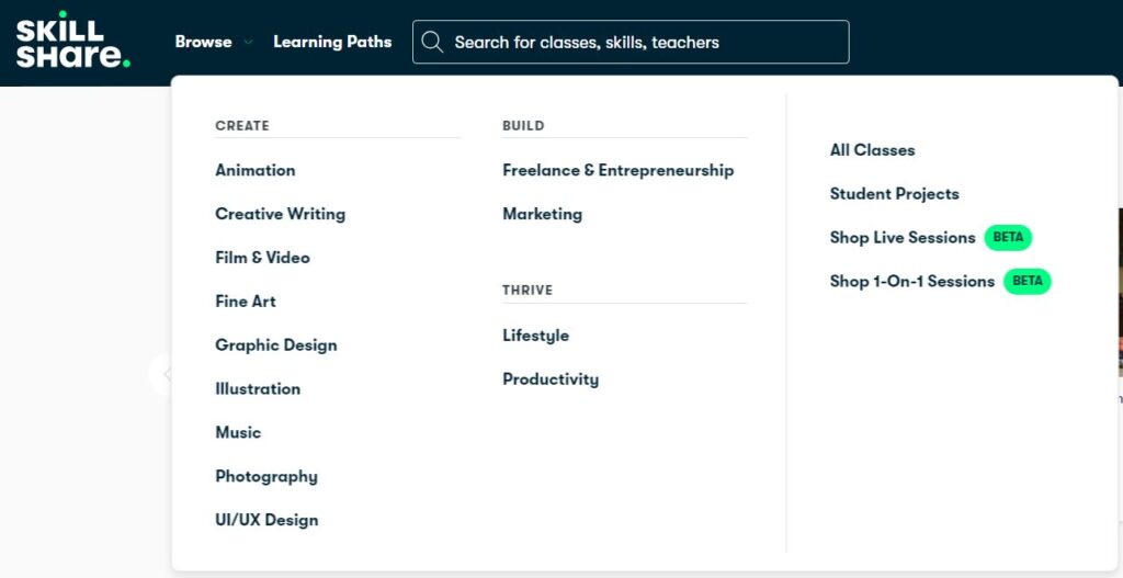 Skillshare Learning categories